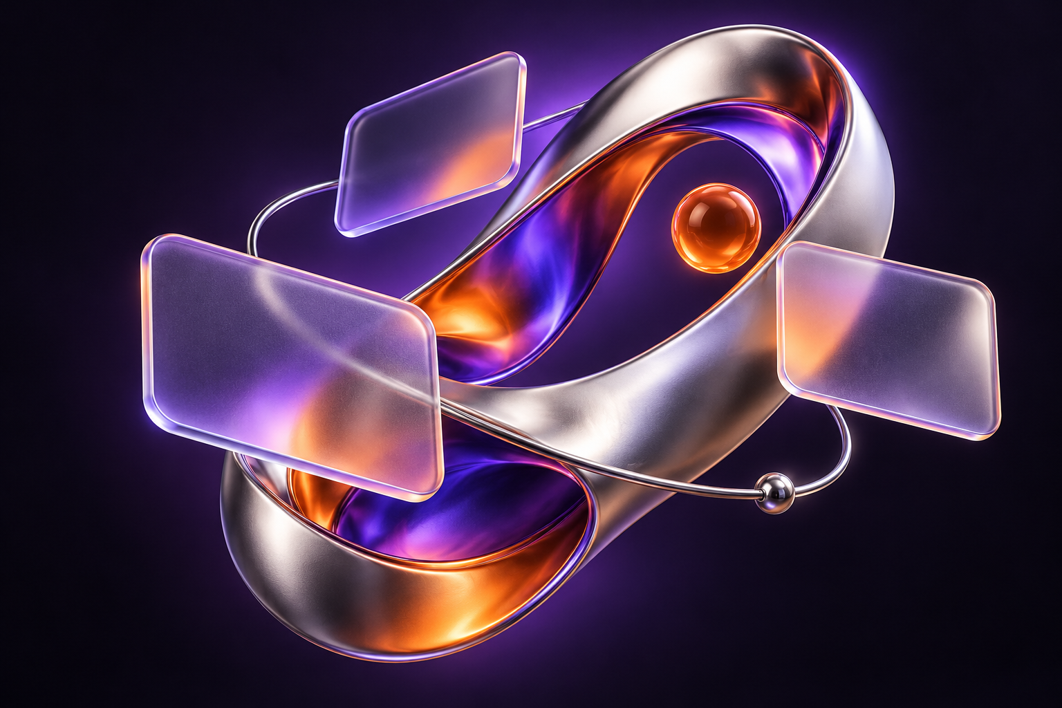 Sculptural silver and violet orbit connecting floating glass panels